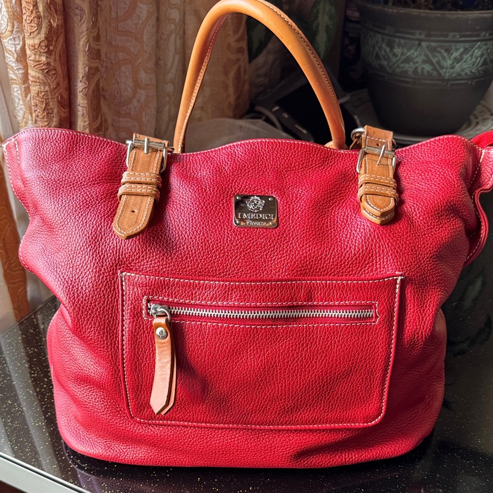 Red Pebbled Leather Tote Bag with Tan Straps